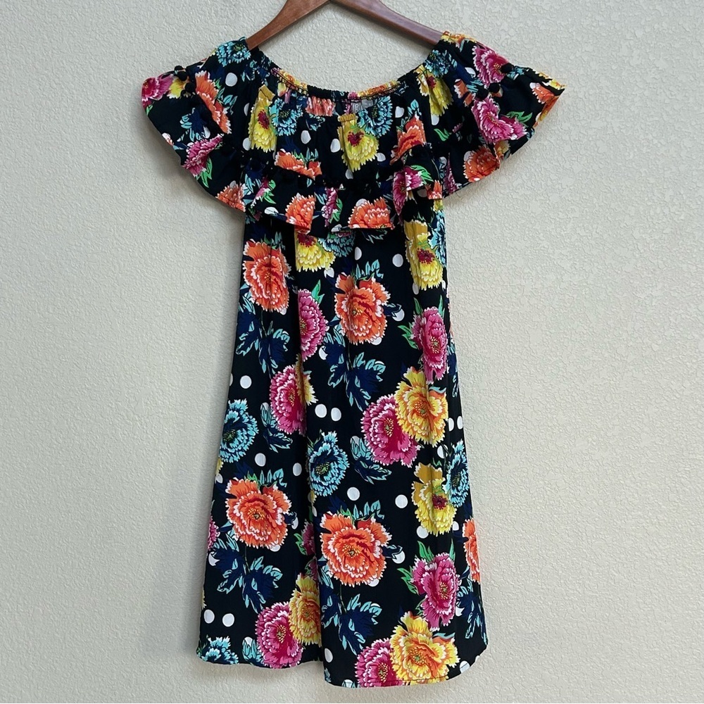 ASOS Women’s Size 4 Off-Shoulder Floral Polka Dot‎ Ruffle Dress Black Multicolor